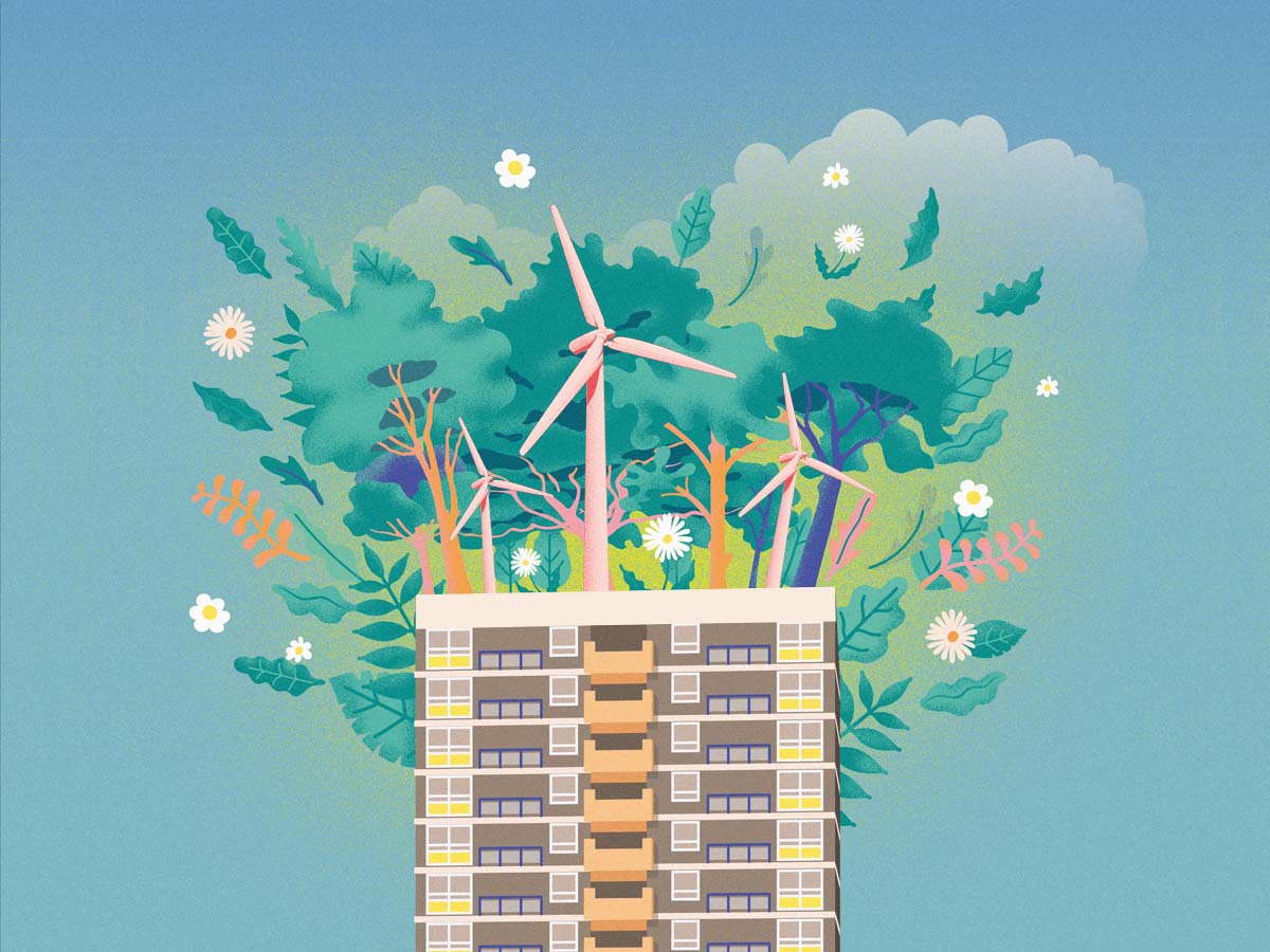 Illustration of a tower block with trees and wind turbines on top of it