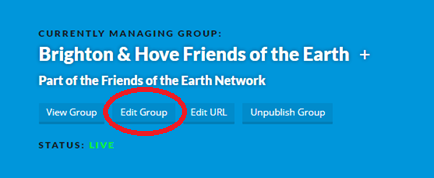 Screenshot of how to edit your group page in Action Network