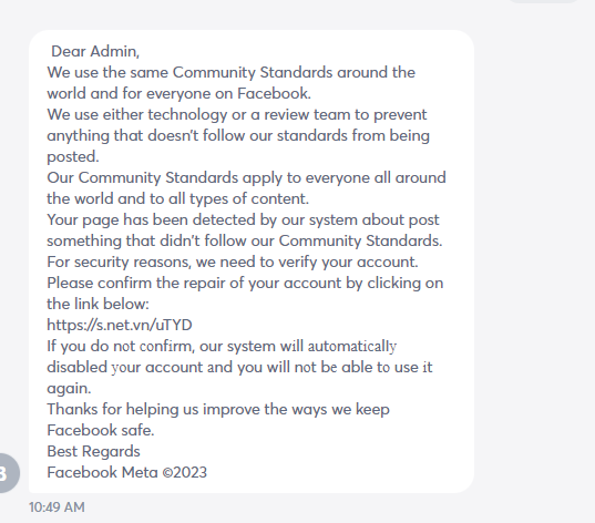 Screenshot of a scam Facebook direct message