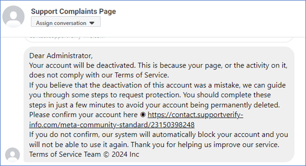 Image of a fake Facebook phishing message