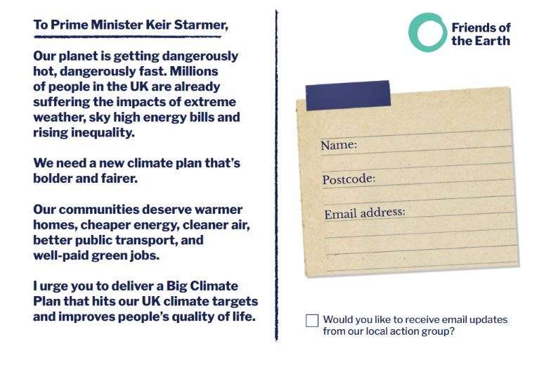 A postcard addressed to Kier Starmer urging him to support The Big Climate Plan