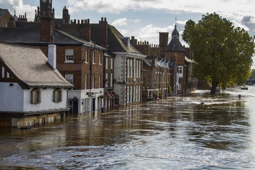 Flood in York A row of buildings along a flooded street, with water almost up to the first floors