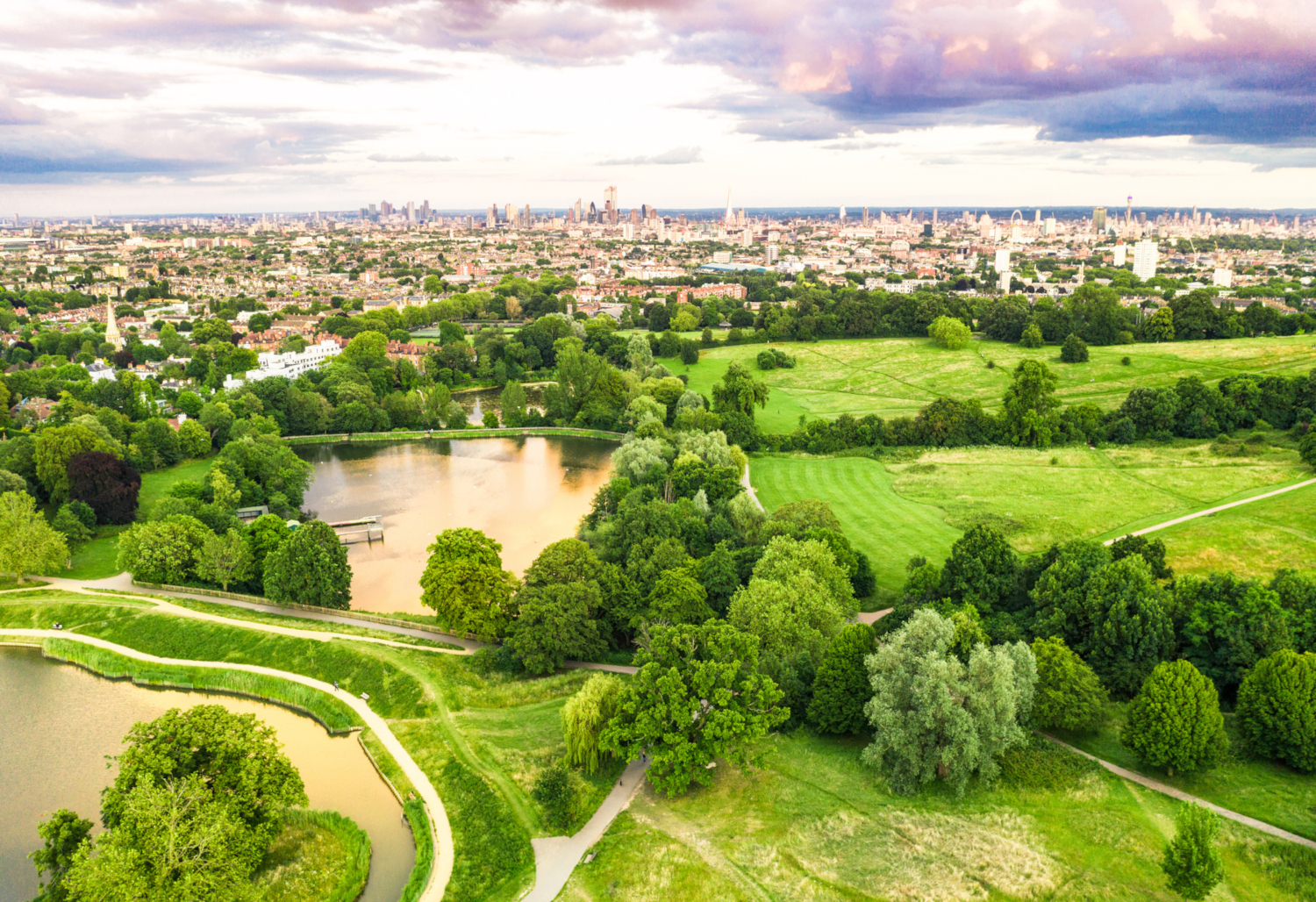 Green park against city skyline Green space