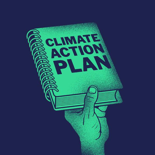 Illustration of a hand holding a book which reads climate action plan