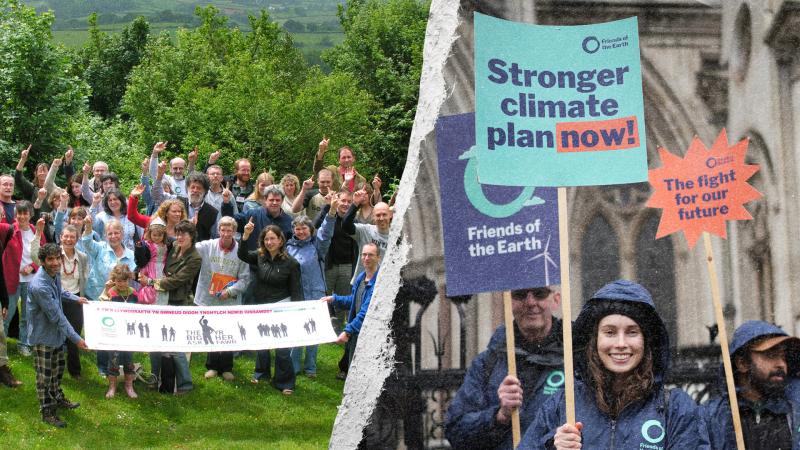 2 photos: one of people holding up a campaign banner and one of people outside a court holding banners.