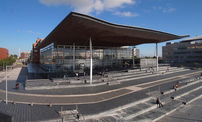 The front of the Senedd in Cardiff, Wales