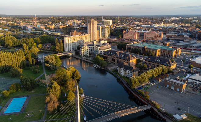 Aerial view of reading cityscape in the sun