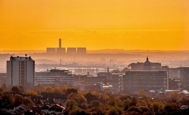 Cityscape of Nottingham at sunset