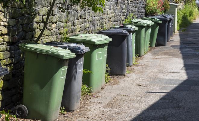 Photo of wheelie bins lined up on a street in Yorkshire, UK