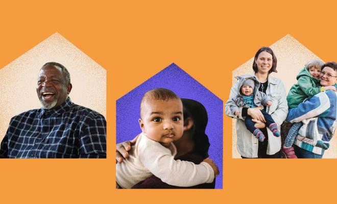 Three photos of people each framed by silhouette of a home on an orange background
