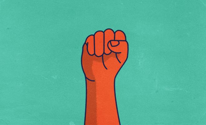 Simple illustration of fist in the air in bright colours